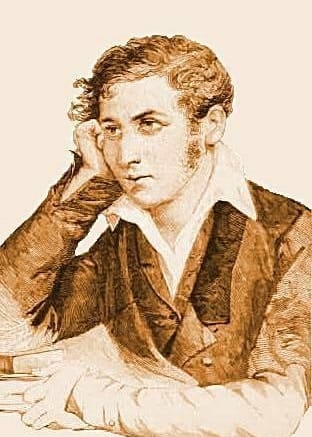 Ritratto giovanile di Carlo Cattaneo: xilografia color seppia che mostra un giovane a mezzo busto, con i capelli mossi e la testa appoggiata a una mano, in camicia bianca e panciotto.